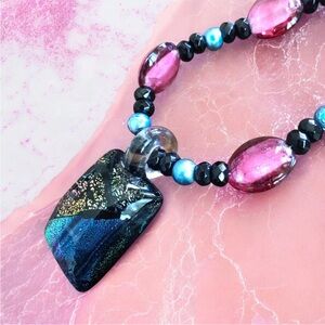 Fused Dichroic Glass Bead Necklace Earrings Toggle Clasp Artisan Made Gift Set